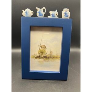 Delft Blue Windmill Picture Frame with Miniature Teapot Creamer‎ Sugar 5x7.5